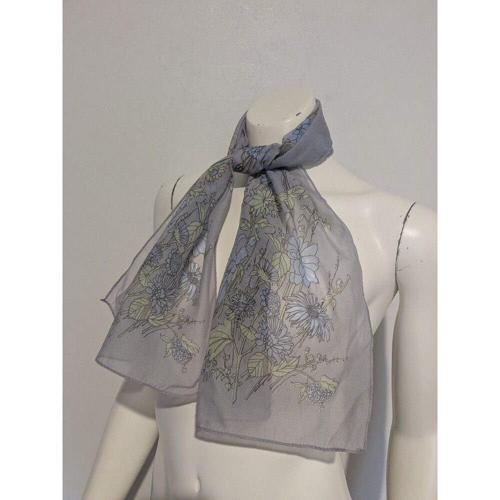 Vintage DCI Beige Nylon Chiffon Muted Gray Floral Pattern Oblong Scarf Sheer